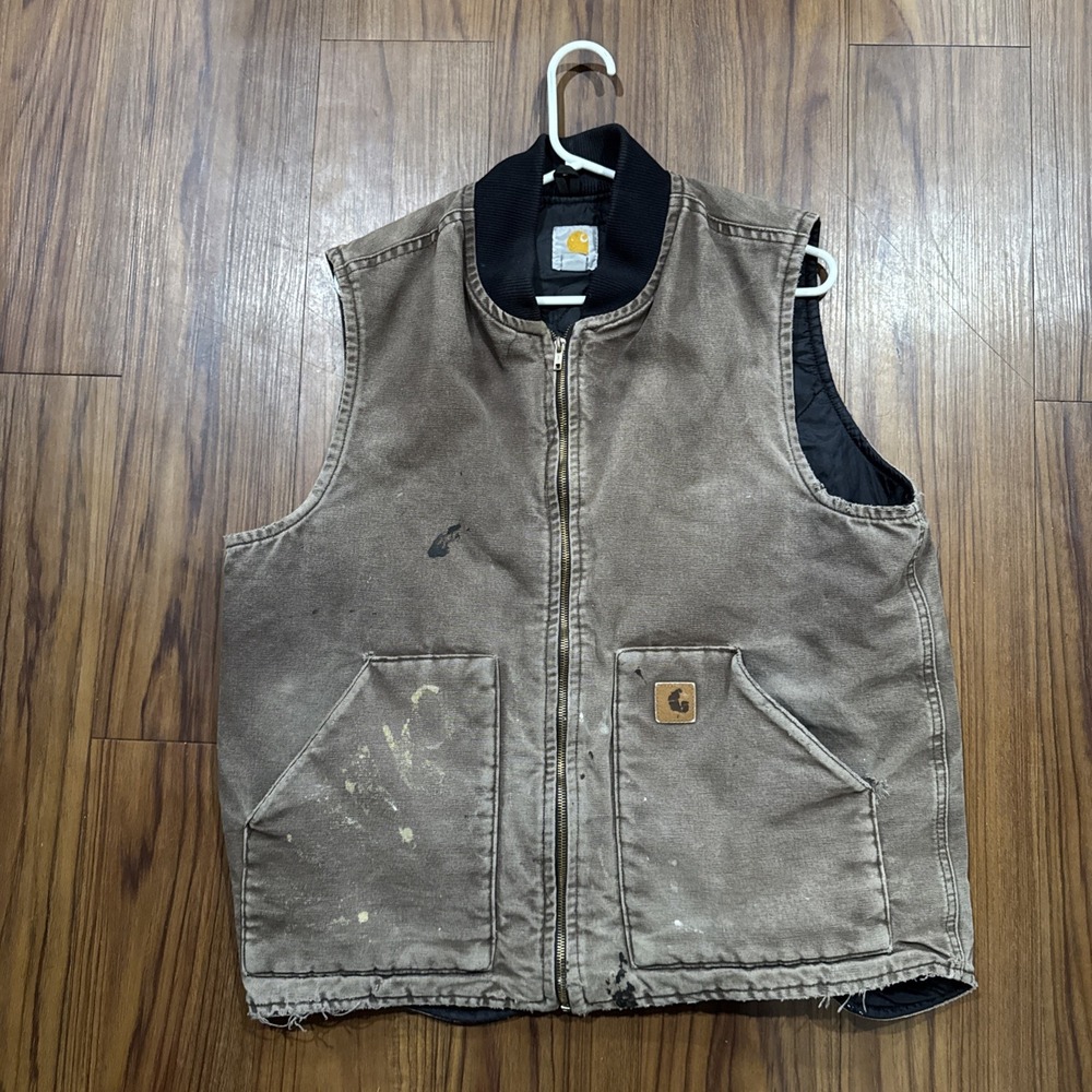 VTG Y2K Carhartt Vest Brown Quilted V02 DKB Large Tall Distressed Workwear